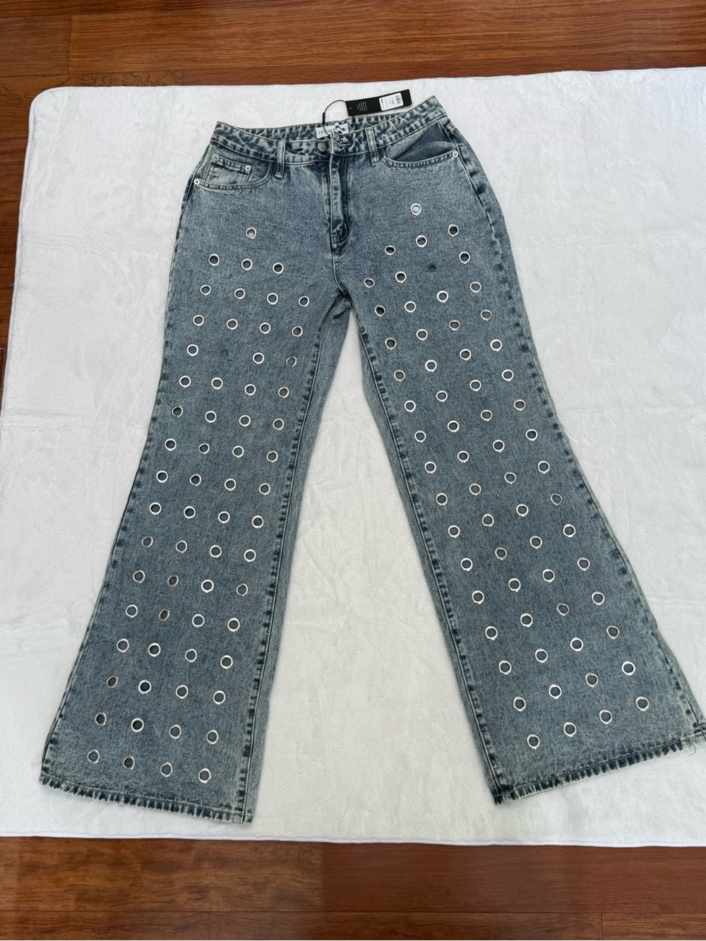WIDE Leg Silver Grommet-Embellished Unique Blue Jeans- READ